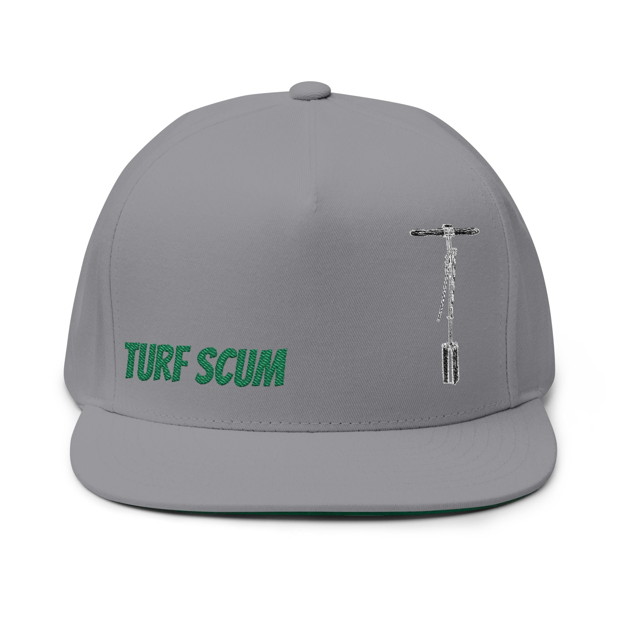 Turf Scum Embroidered Flat Bill Cap — Scooter & Green Text Streetwear Hat