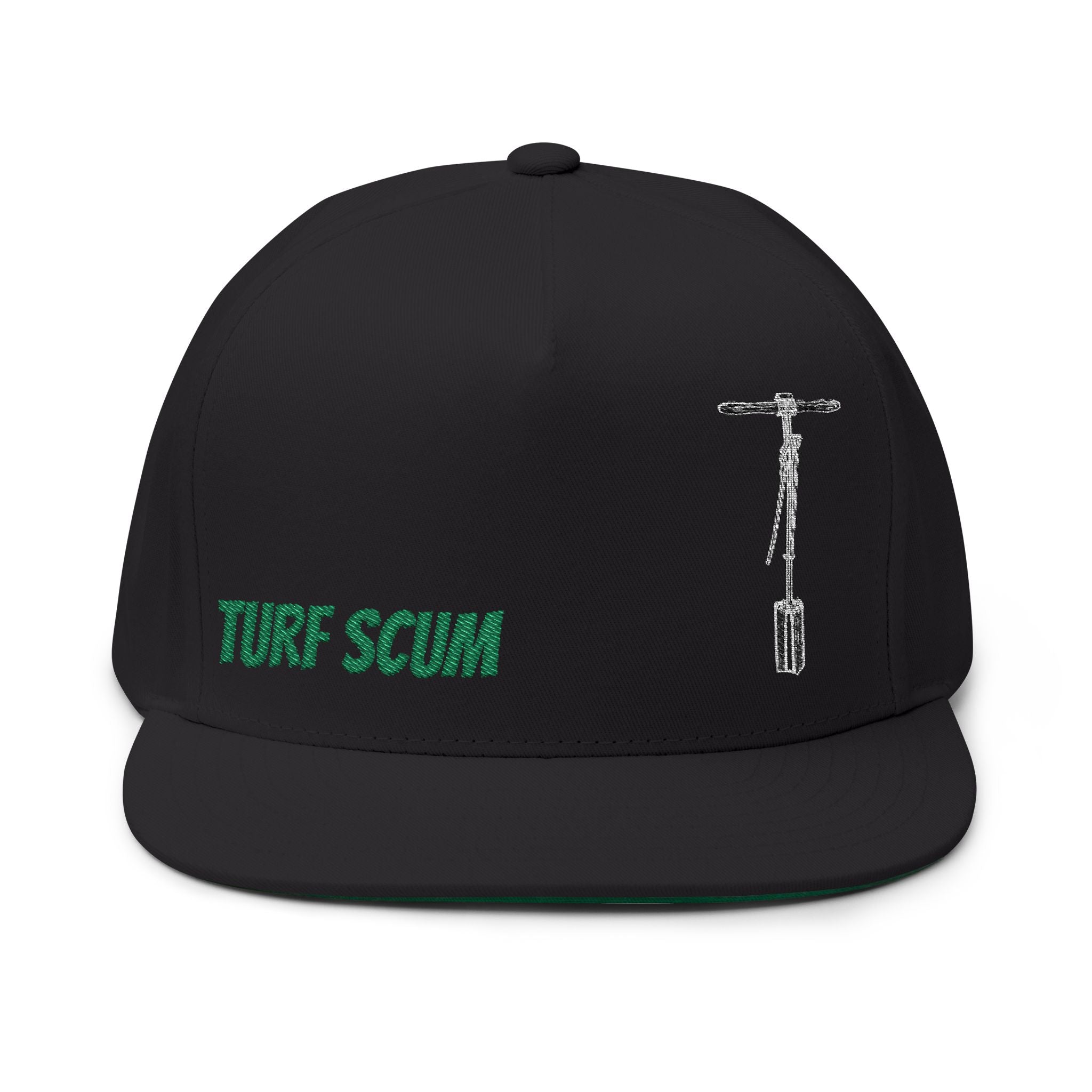 Turf Scum Embroidered Flat Bill Cap — Scooter & Green Text Streetwear Hat