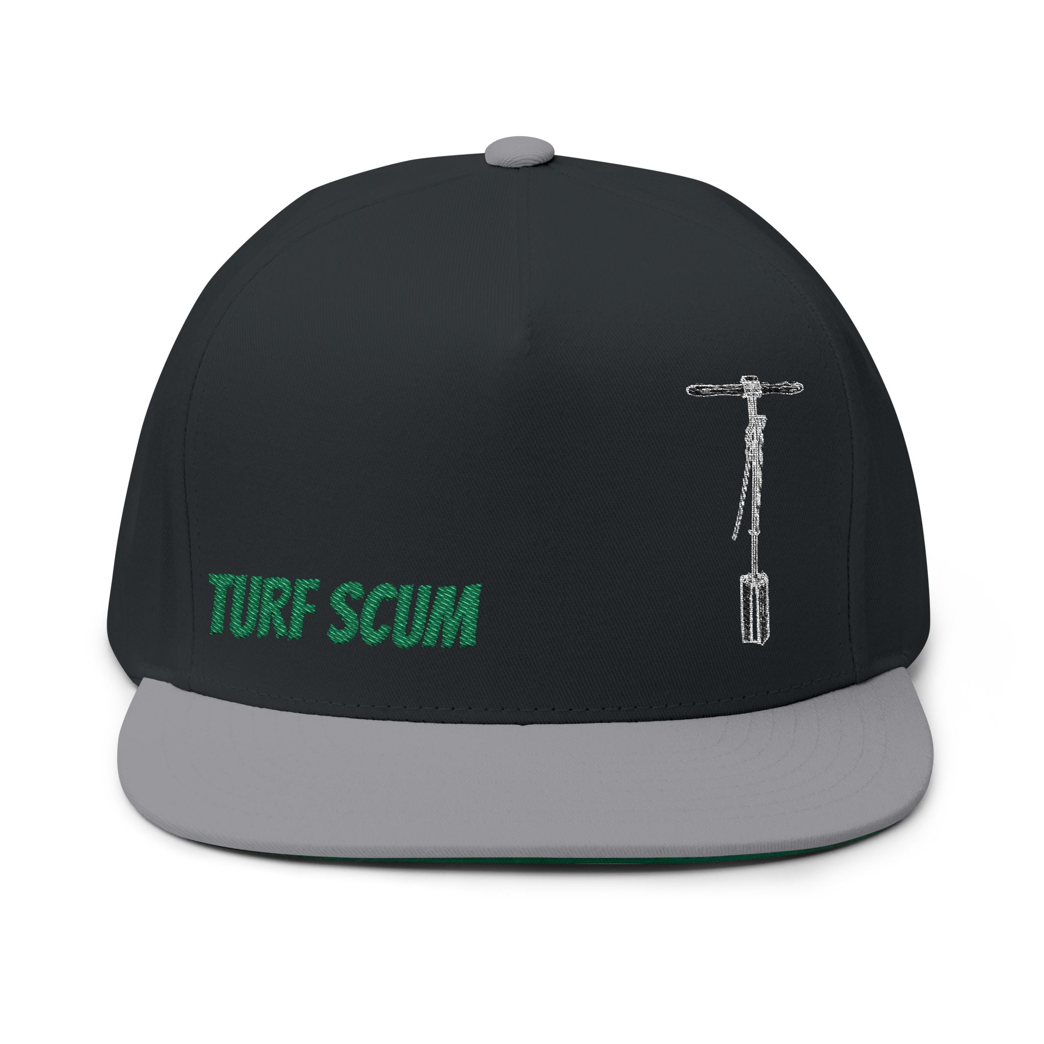Turf Scum Embroidered Flat Bill Cap — Scooter & Green Text Streetwear Hat